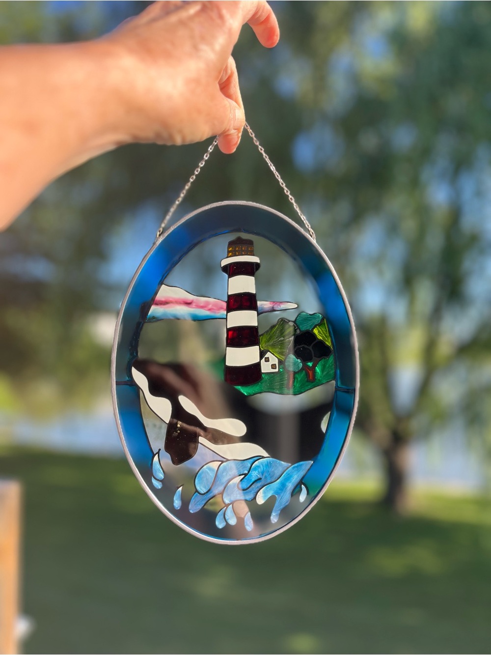 Handmade Blue Lighthouse & Whale Stained Glass Suncatcher
